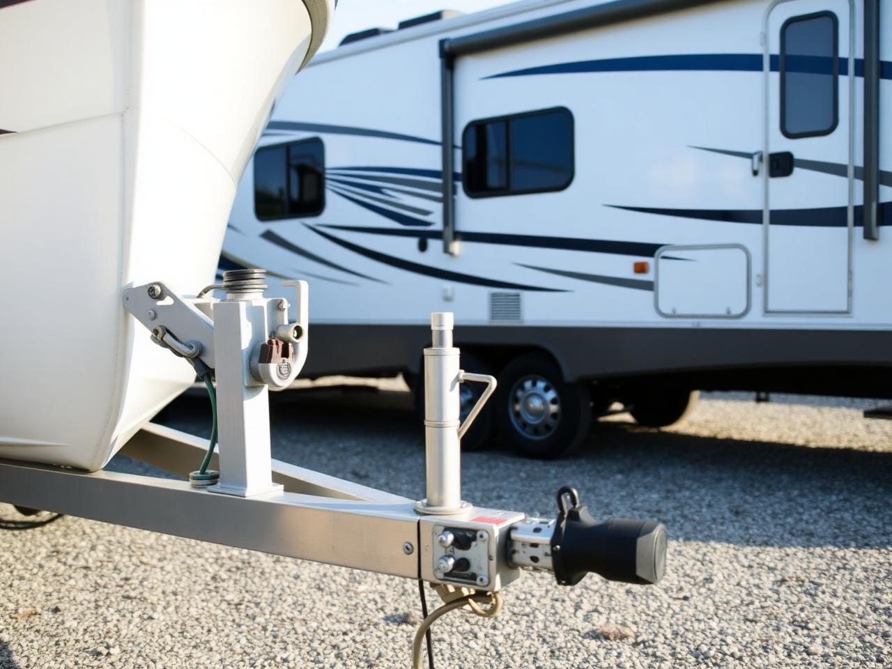 RV trailer parked on clean gravel lot