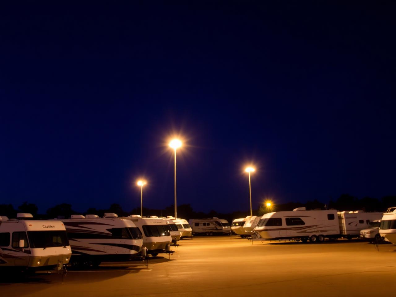 Storage lot at night with security lighting